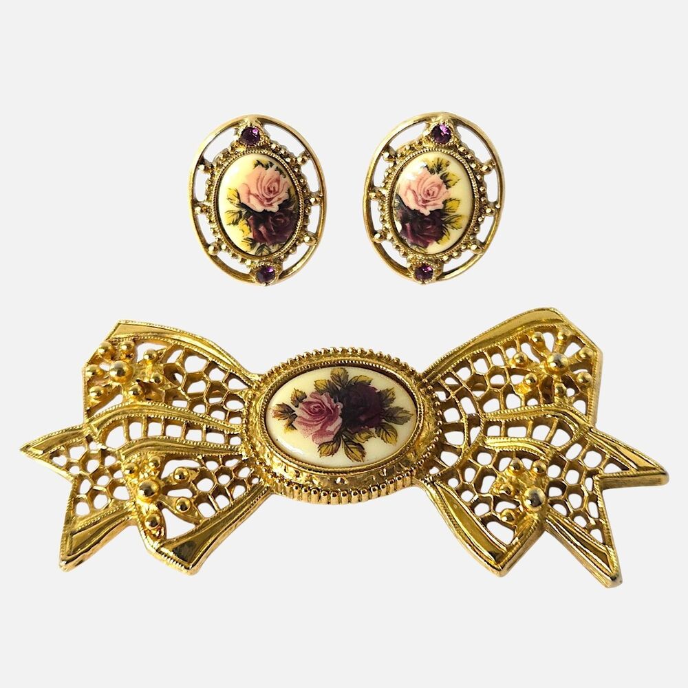 Vintage 1928 Jewelry Co Victorian Revival Rose Brooch & Clip On Earring Set